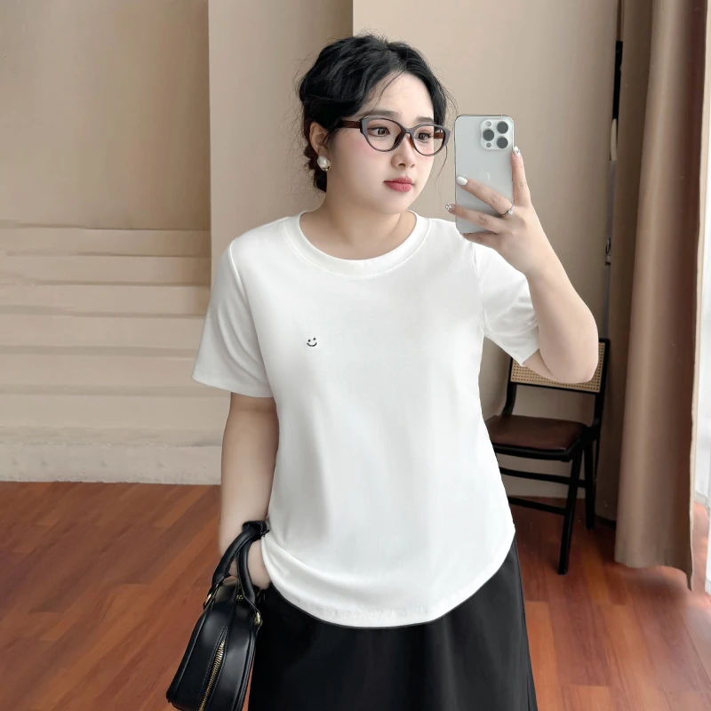DX7287大码女装【宝藏笑脸t】夏季清爽圆领刺绣短袖T恤短款百搭上衣