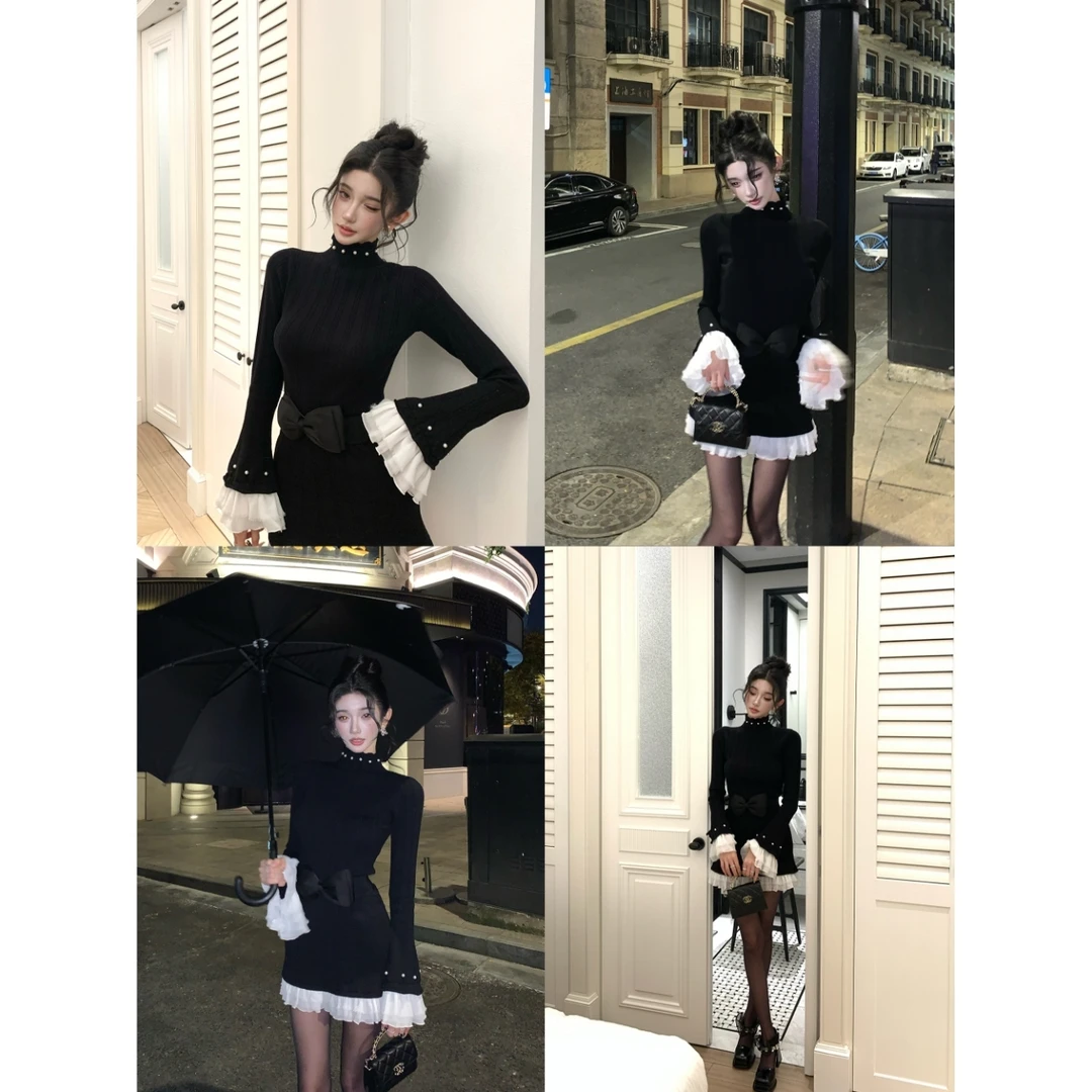 Barb Chill【焦点时刻】千金撞色拼接连衣裙女冬喇叭袖修身显瘦裙