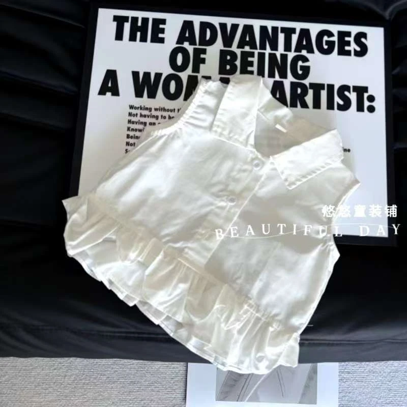 女童夏季新款无袖上衣洋气女宝宝翻领背心薄款荷叶边T恤