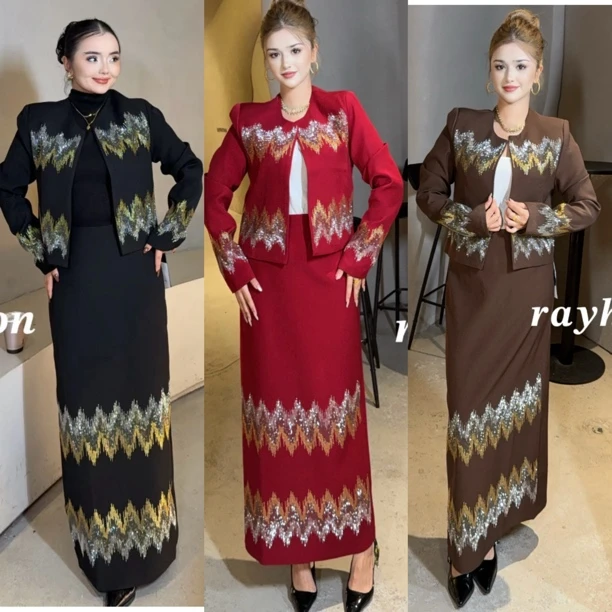 Rayhon三件套秋季新款轻奢重工烫钻工装风修身短款长袖外套搭配长