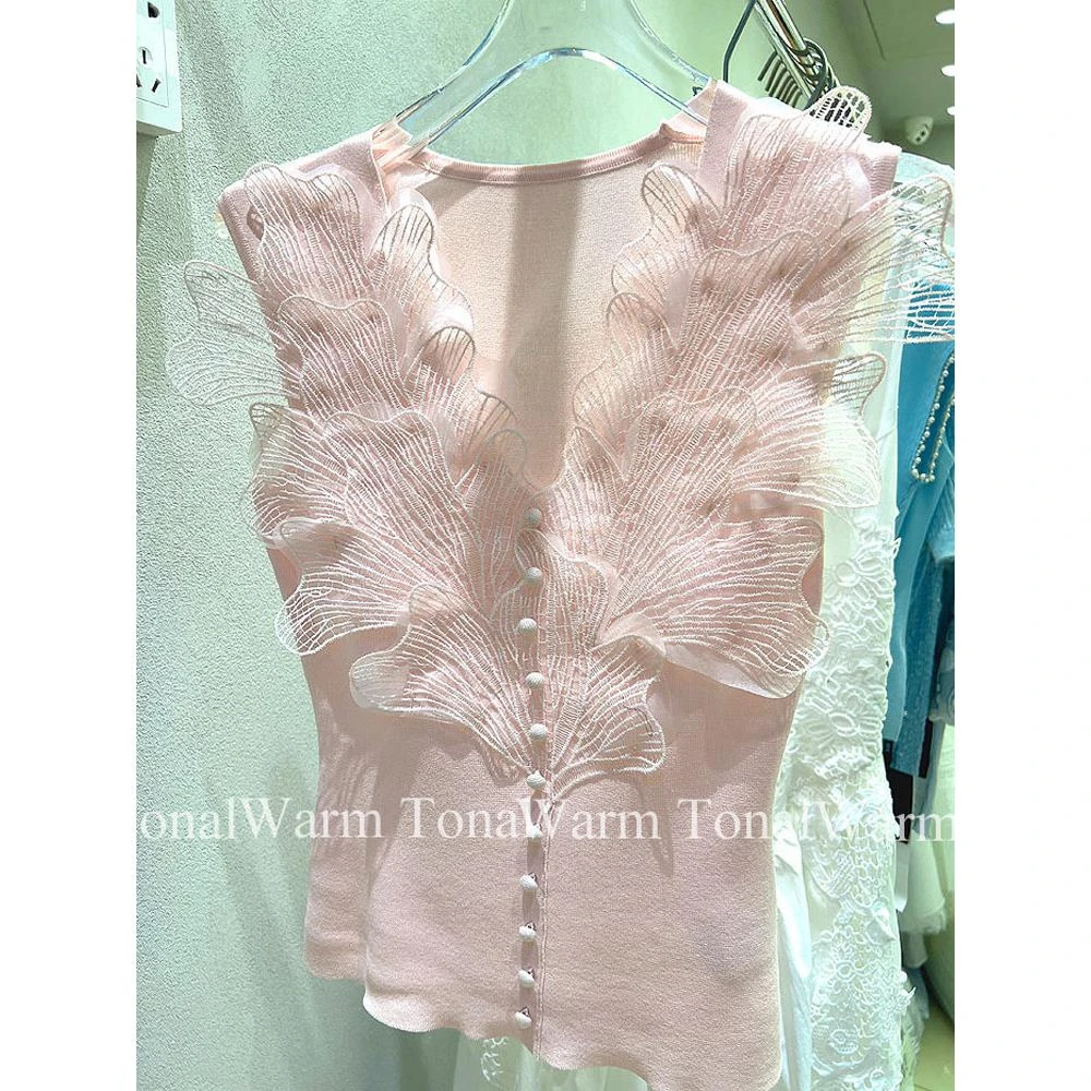 设计感蕾丝羽毛拼接背心上衣女夏装新款气质修身高级感无袖