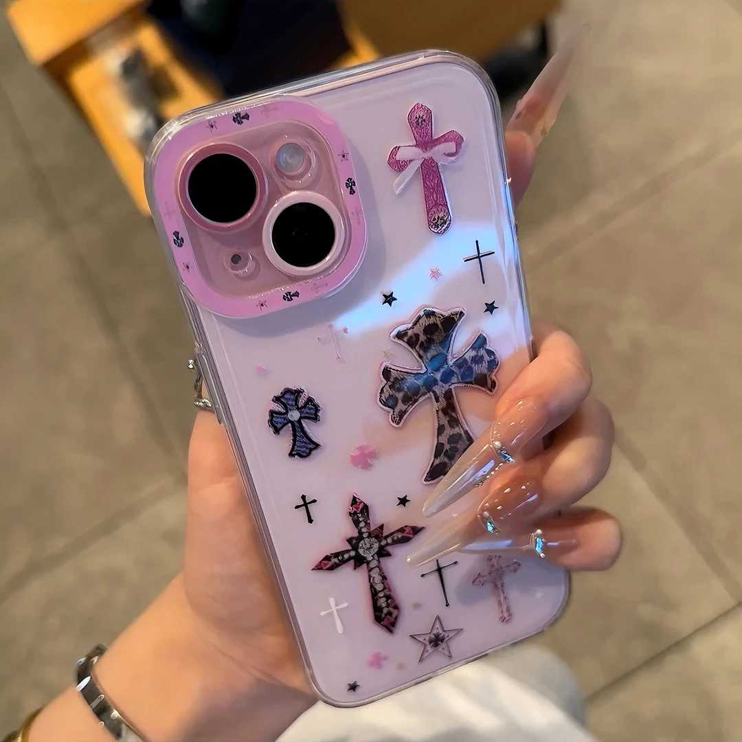 雅天立ins风复古豹纹十字架适用苹果15手机壳13华为oppo小米vivo