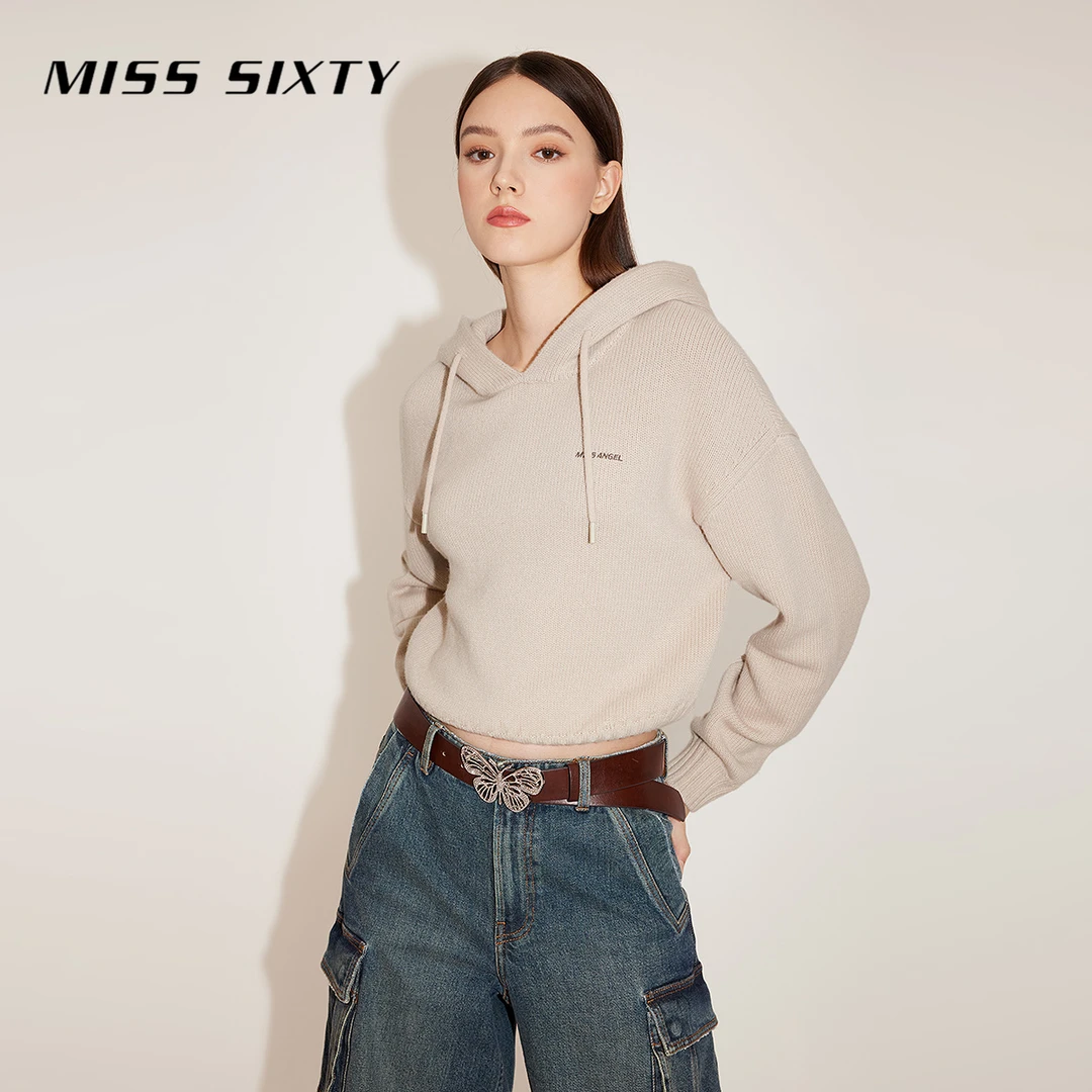Miss Sixty冬季新款天使系列毛针织衫女连帽抽绳纯色简约刺绣