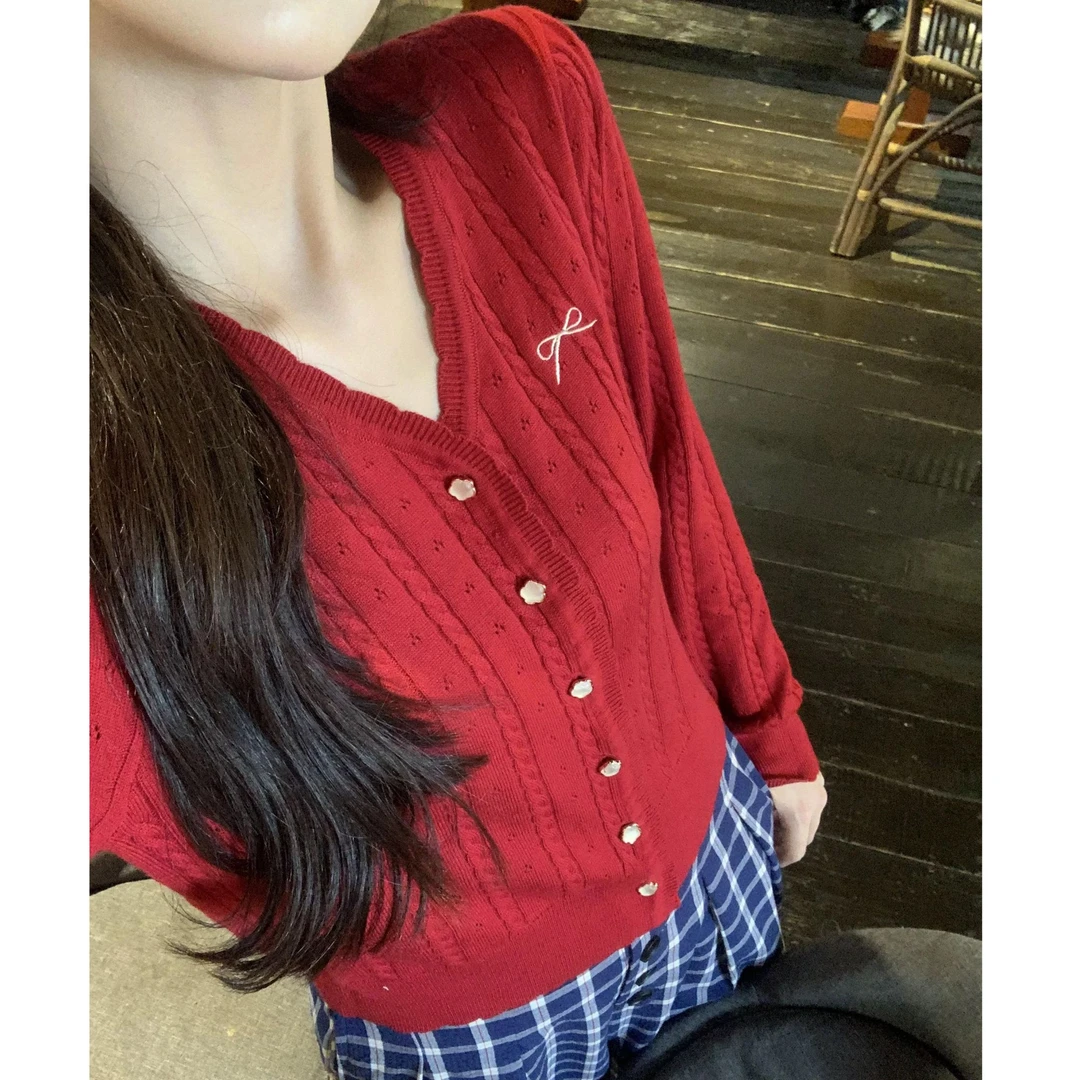 韩系复古安克拉红麻花针织开衫上衣女泡泡袖甜美减龄毛衣#9127