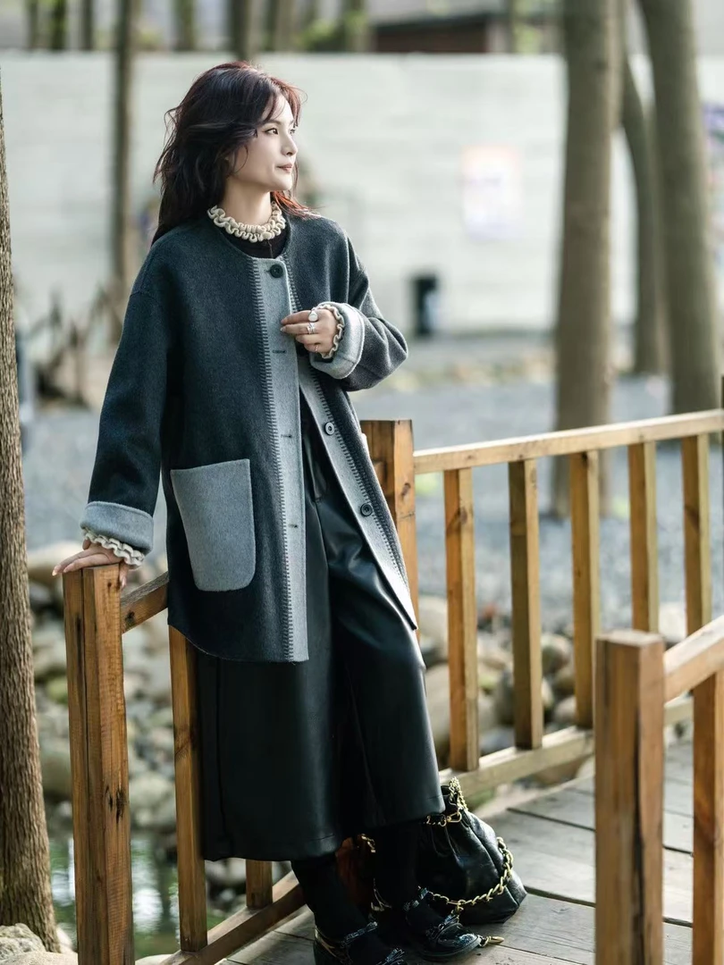 复古新款高端圆领手工双面双穿拼色羊绒大衣女中长款毛呢外套