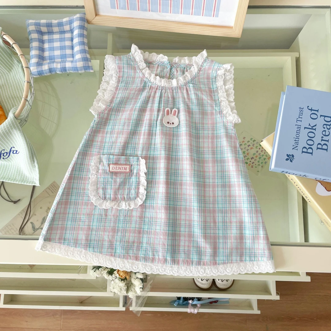 【现货】XQ251387夏季新款儿童裙子洋气无袖连衣裙宝宝格子裙子