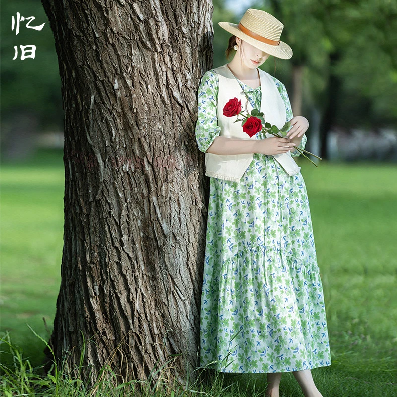 现货3103【日光岛屿】复古浪漫荷叶边连衣裙长裙女夏棉布印花气质裙