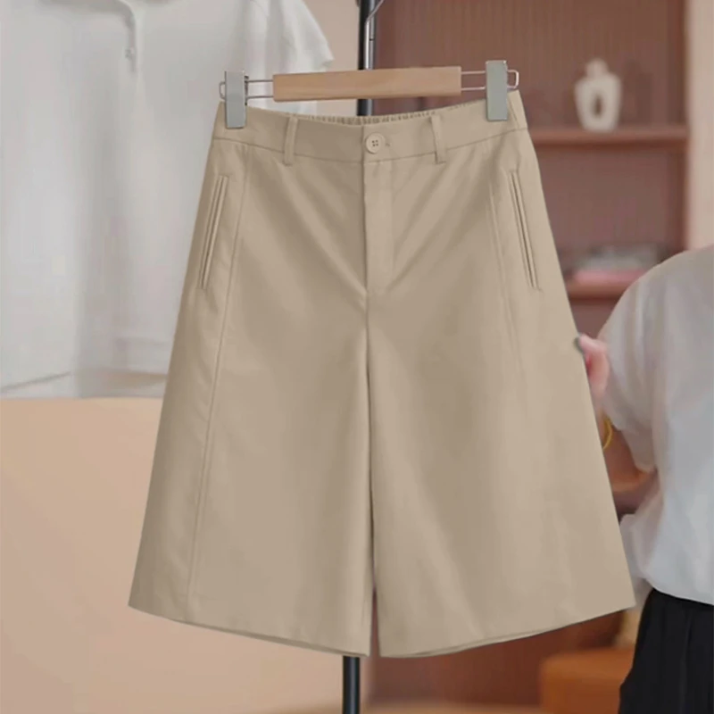 拉夏贝尔设计感高腰五分裤女夏薄款2025新款流行宽松显瘦阔腿裤子