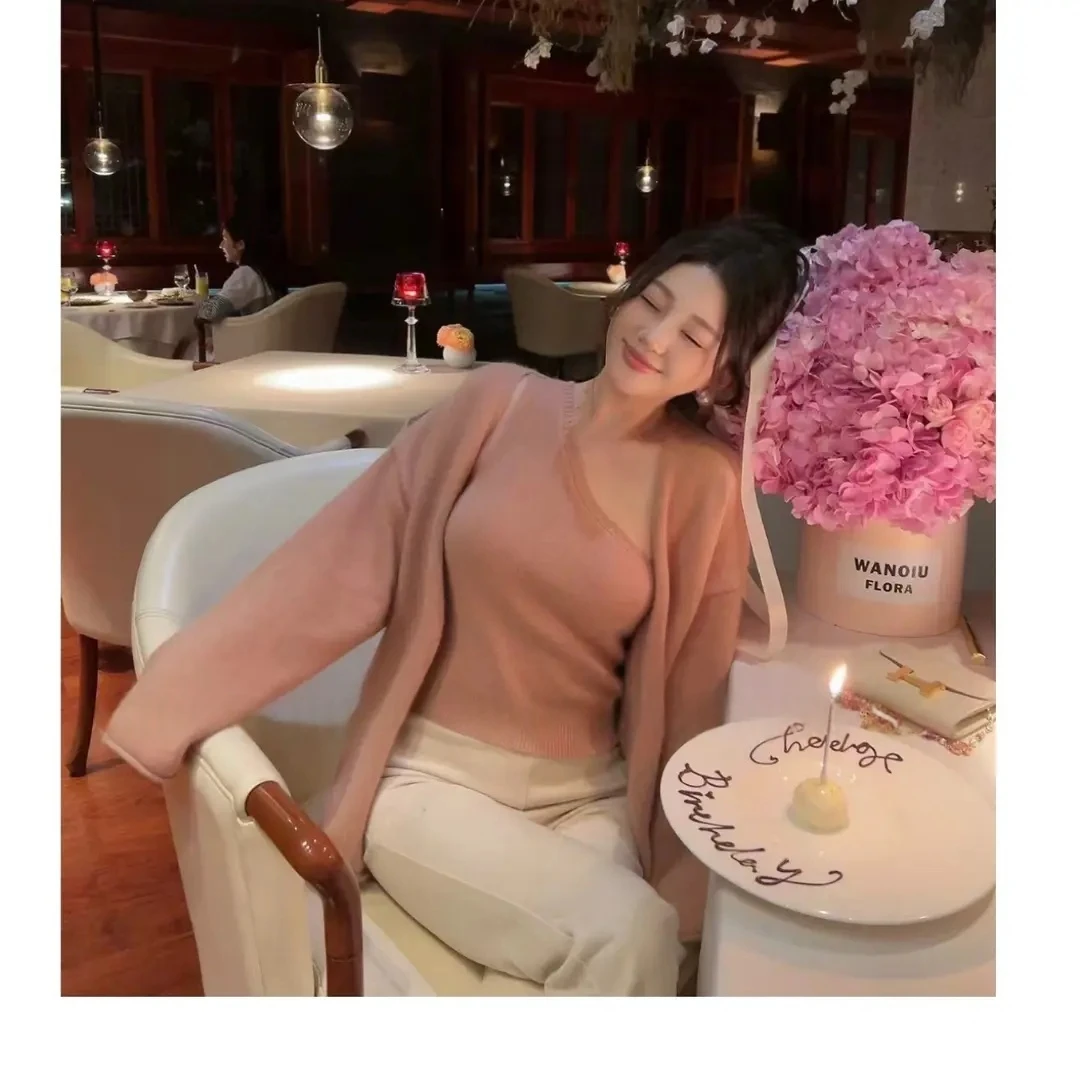 斜肩背心 显瘦背薄长袖开衫套装+窄版直筒裤BB50507