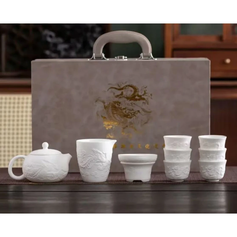 羊脂玉浮雕龙茶具 KG