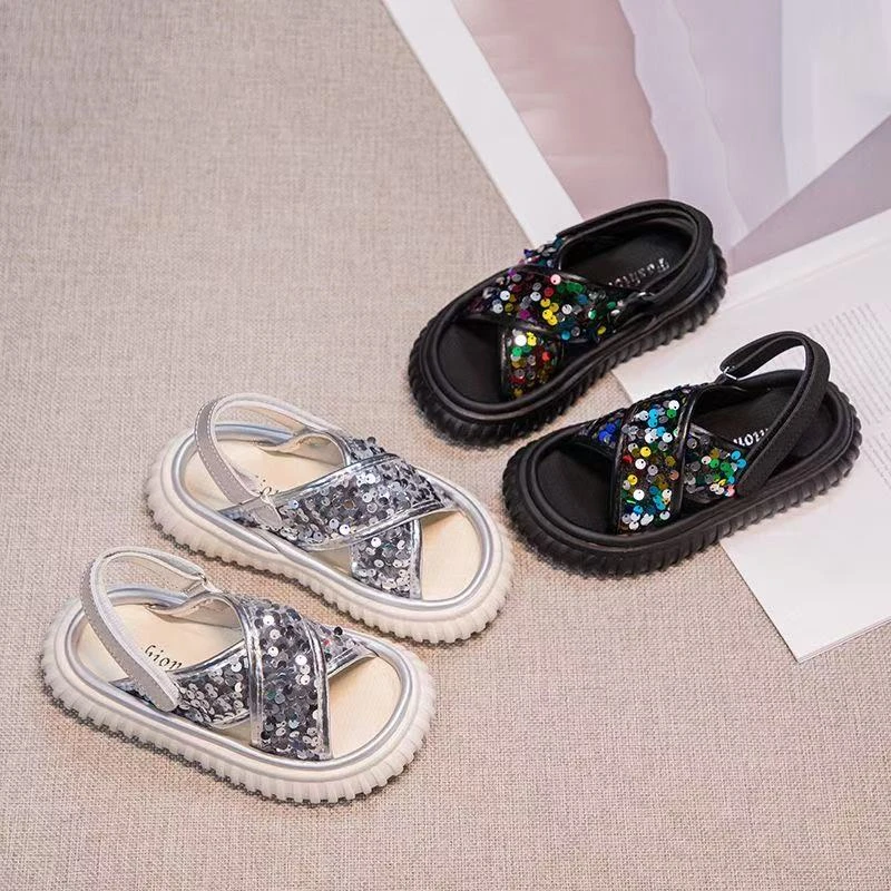 女童公主凉鞋夏款2025新款儿童运动沙滩鞋女孩亮片凉拖中大童爆款