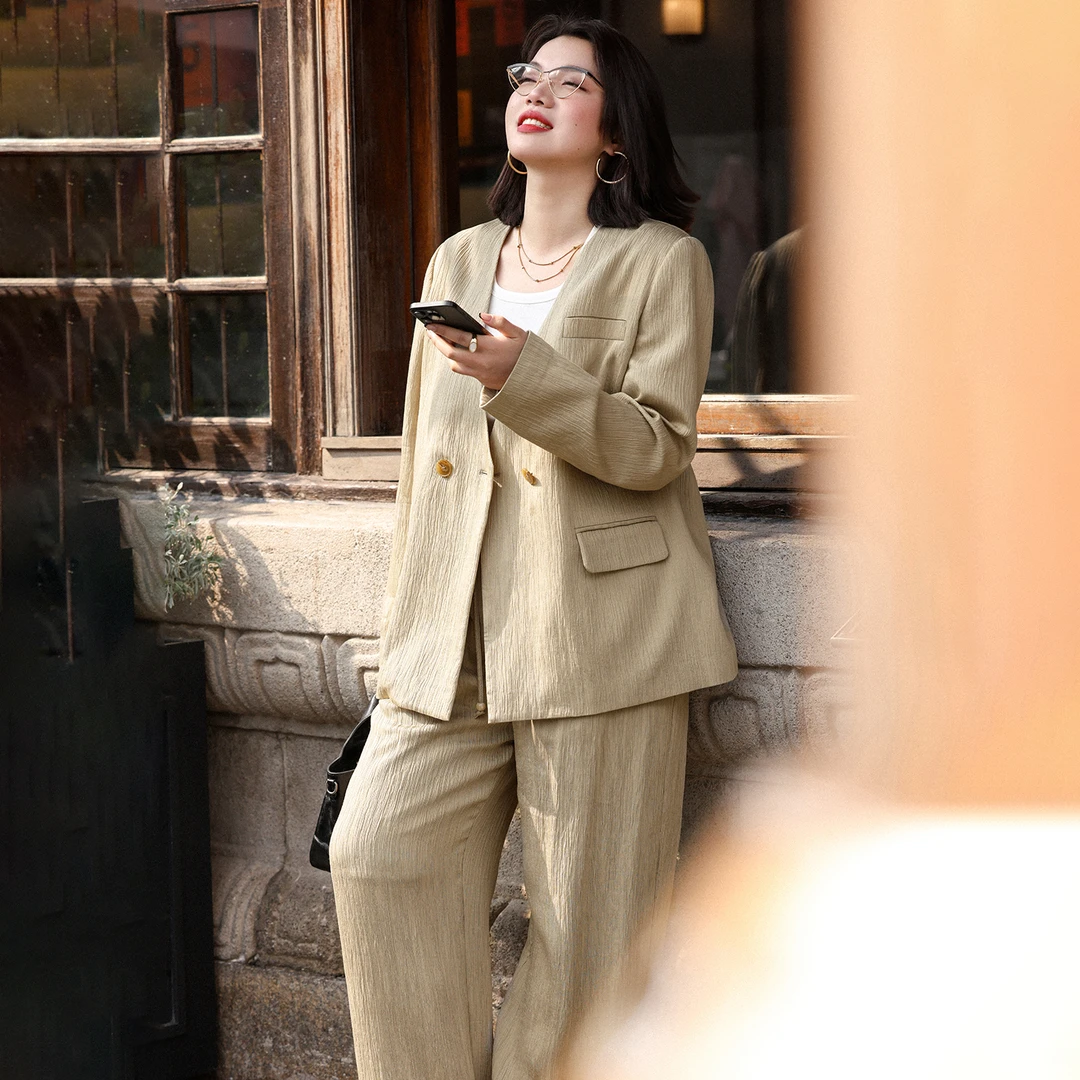 【折扣款】PLUSMALL 松风之城 气质V领西装直筒裤套装PLUS2502009AB