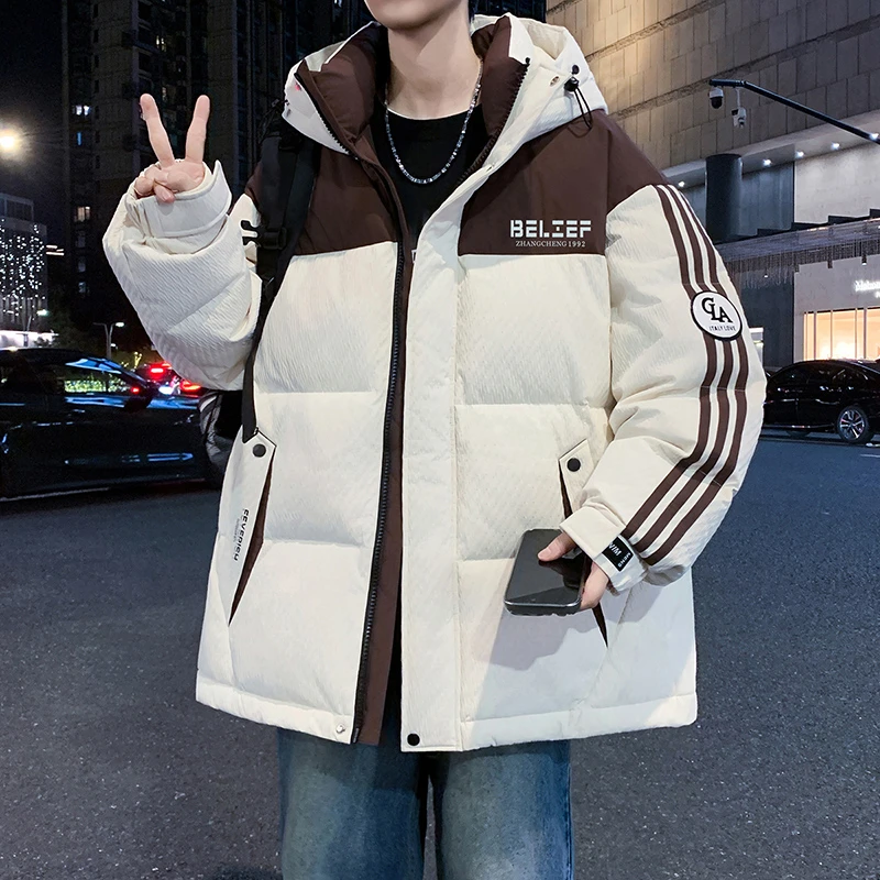 羽绒服冬季新款男生美式保暖拼色加厚连帽宽松潮流男休闲百搭厚款