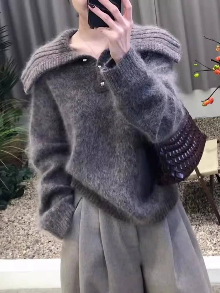 时髦洋气加厚灰色长袖针织毛衣女2025秋冬新款潮软糯高级大码上衣