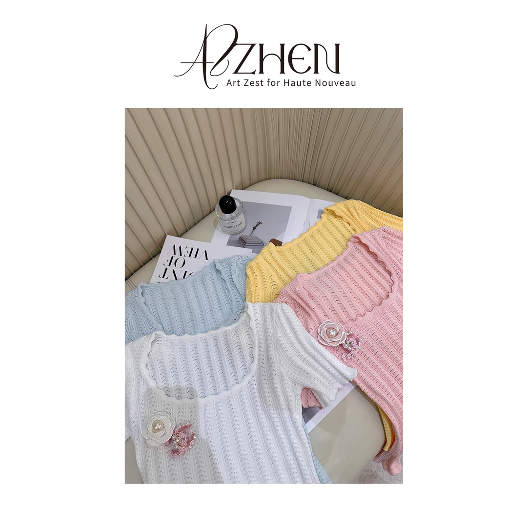 AZZHEN【初恋白茶】镂空薄款短袖AZ4KBT25-00秋冬长袖时尚打底衫