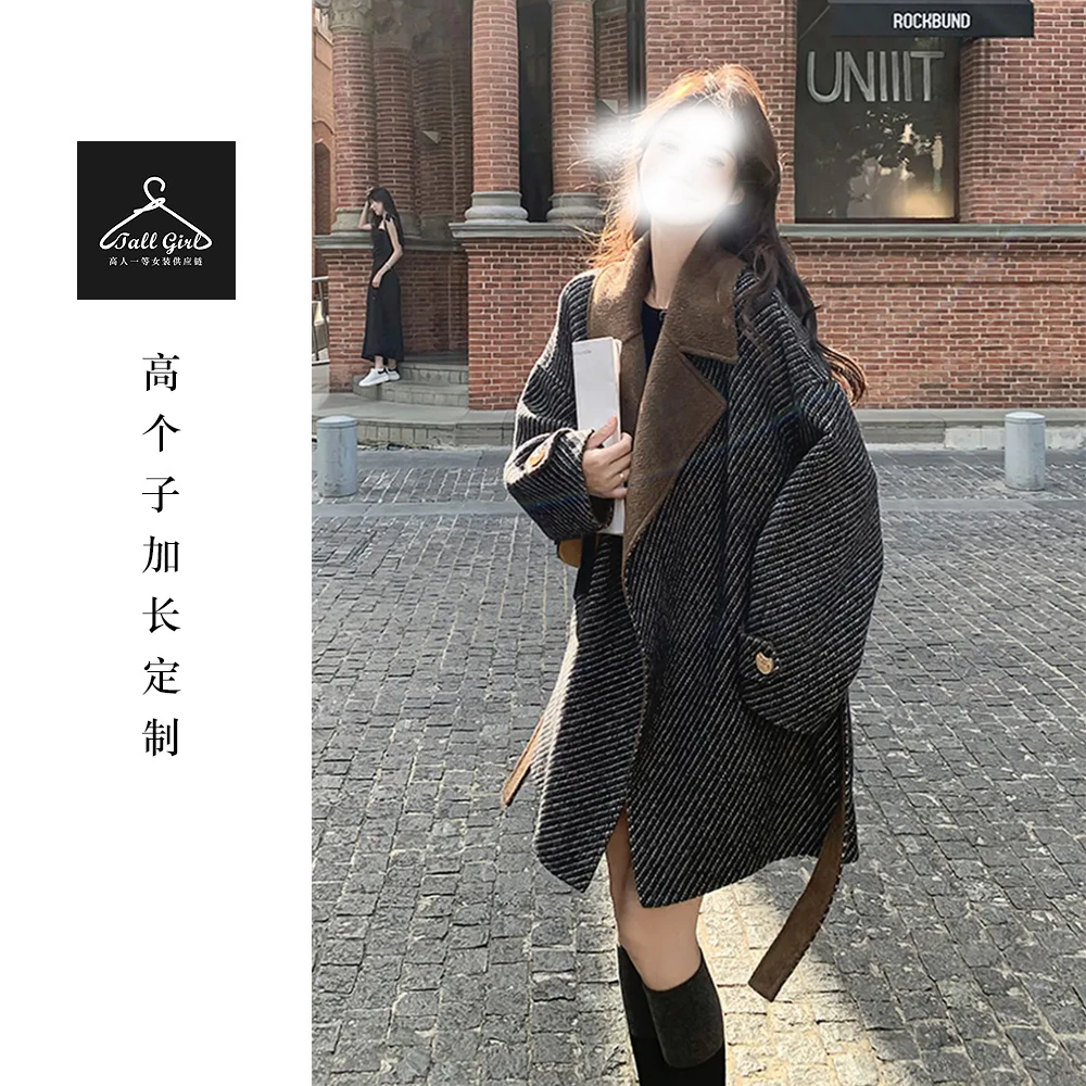 【赫本女郎】高个子秋冬600克羊毛呢子美拉德条纹西装领大衣外套