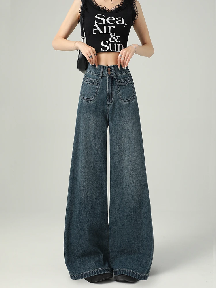 2025新款大码胖妹妹mm小个子秋冬加绒蓝色加长高腰阔腿牛仔裤子女