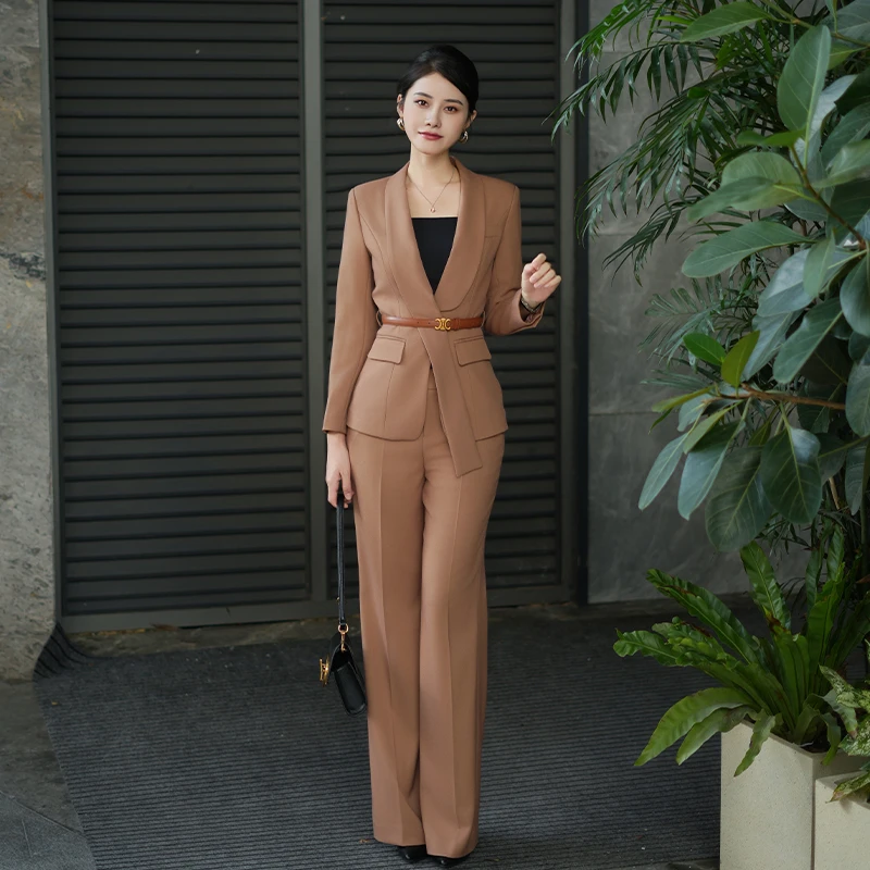驼色西装套装女小众高级感时尚洋气阔腿裤职业正装休闲西服