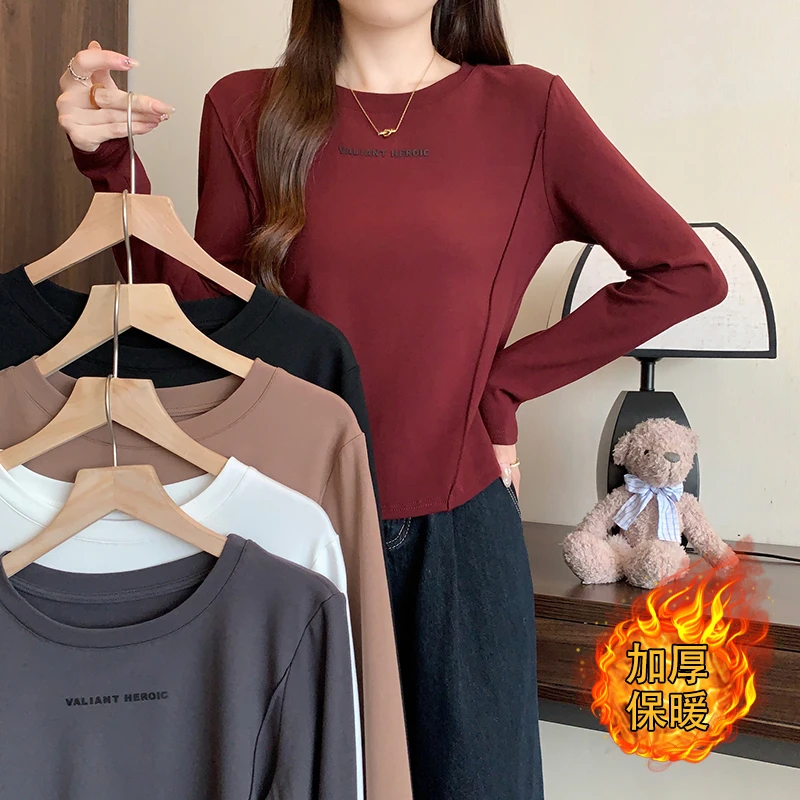 2024秋冬新款胖mm大码女印花字母加厚保暖打底长袖T恤
