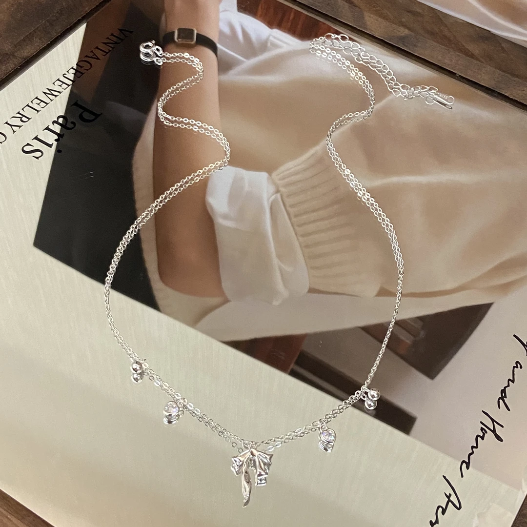 坠链均925银锆石 (T)镀K金 蝴蝶结 爱心满天星简约项链X8202