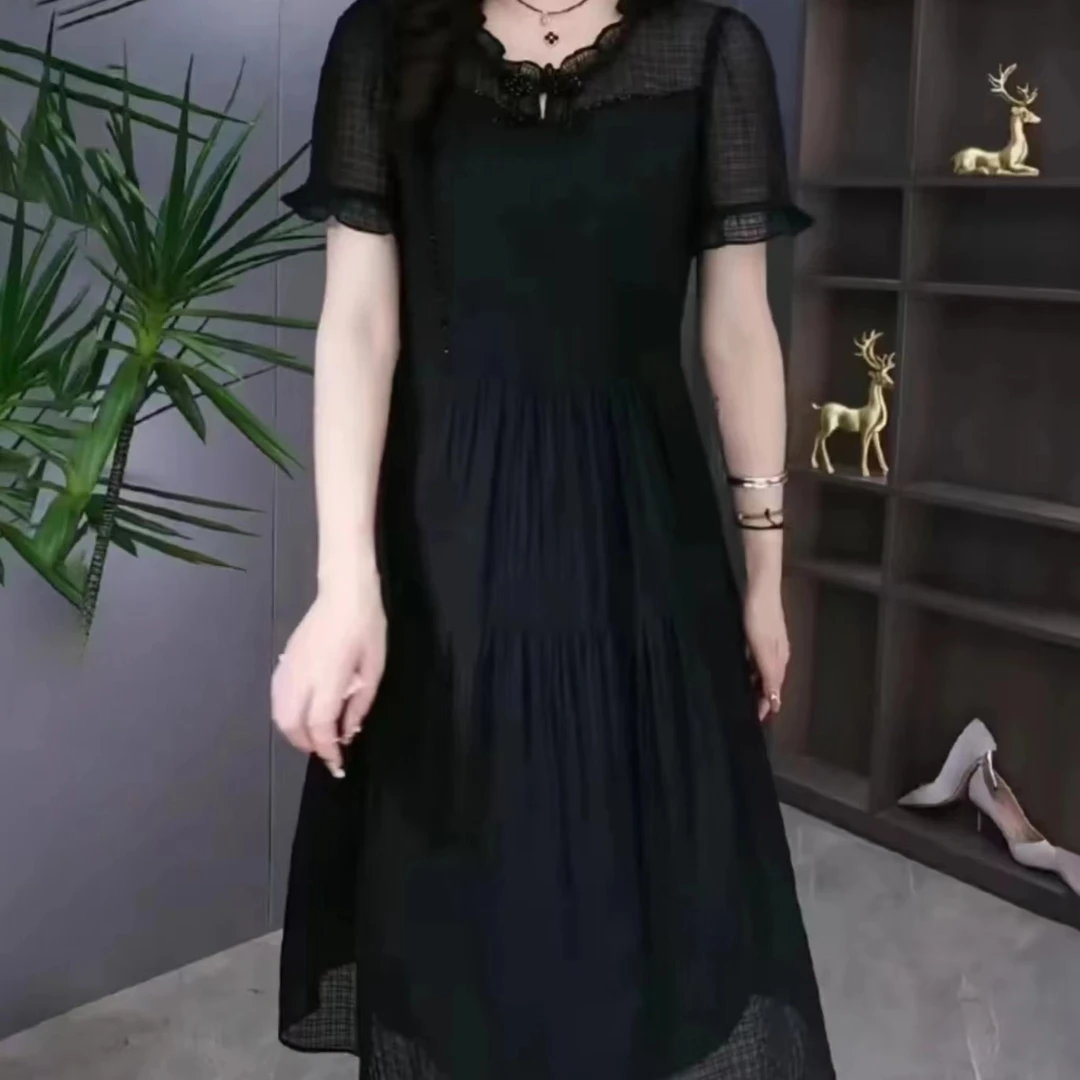 2025显瘦收腰洋气黑色修身长裙气质长款遮肚连衣裙女M-4XL