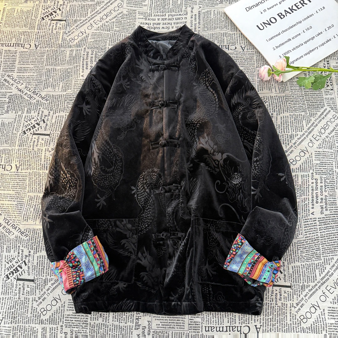 新中式潮牌唐装外套男秋季中国风龙纹提花金丝绒夹克大码宽松汉服