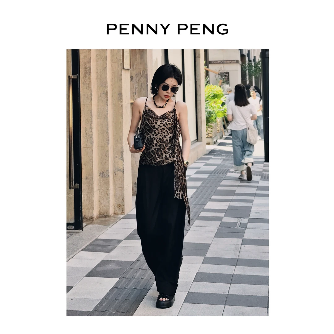 PENNYPENG 猫科动物 真丝豹纹吊带上衣（含飘带）夏痞帅炸街风女装