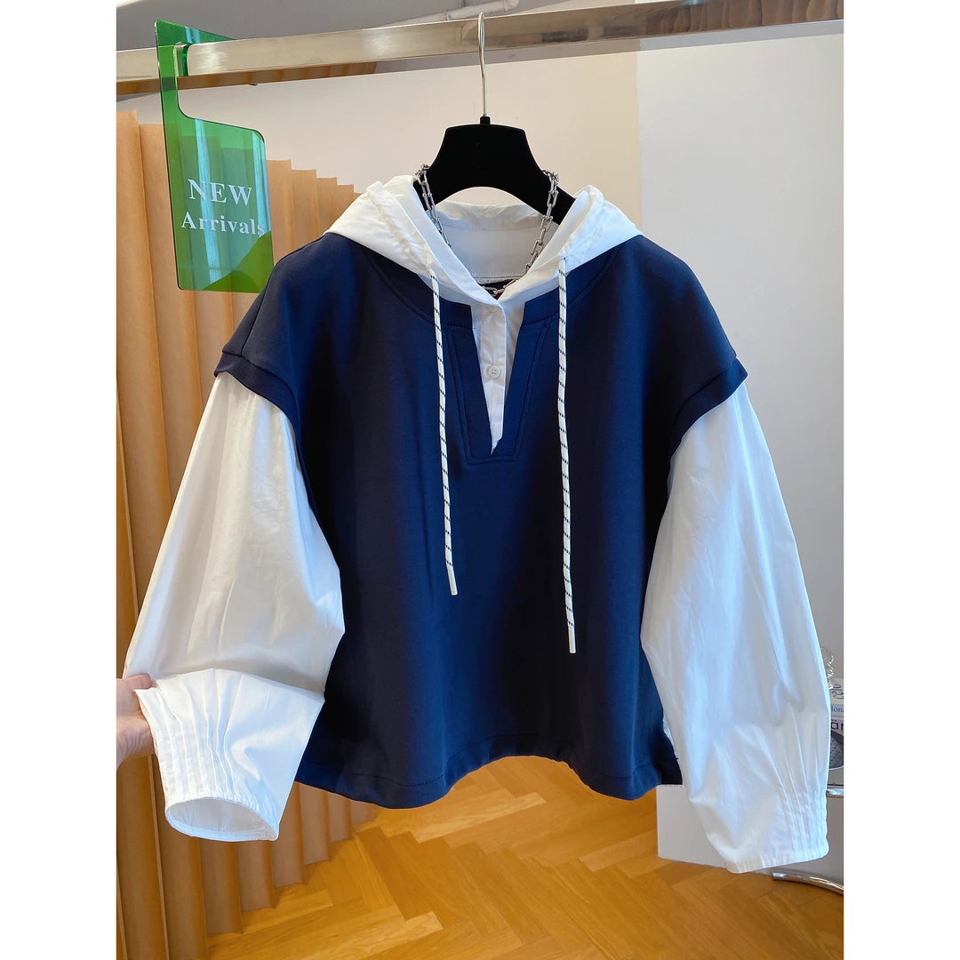 胖妹妹240斤大码拼色假两件连帽衫卫衣女秋季高级设计感宽松外套