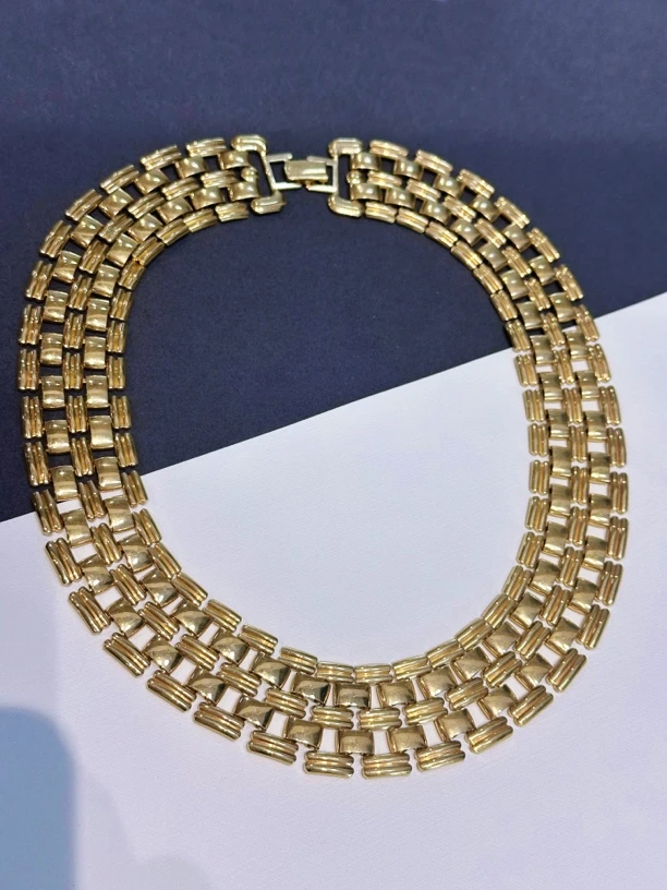 铜合金项链 Vintage 宽面镂空编织链条时装素金项链