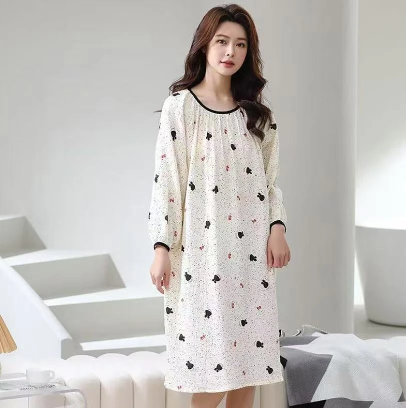 睡衣长袖纯棉家居服春季时尚百搭宽松圆领睡裙女