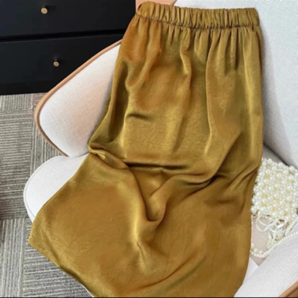 新中式国风醋酸重锻丝滑半身裙女夏季松紧高腰显瘦纯色开叉中长裙