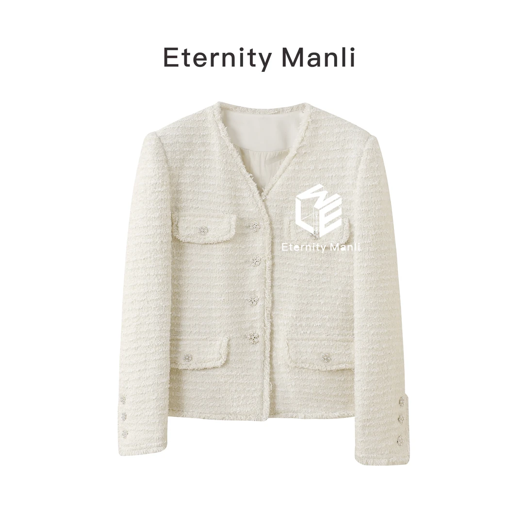 鹅绒服-【白雪】冬季白色V领加厚名媛高端羊毛呢外套9060