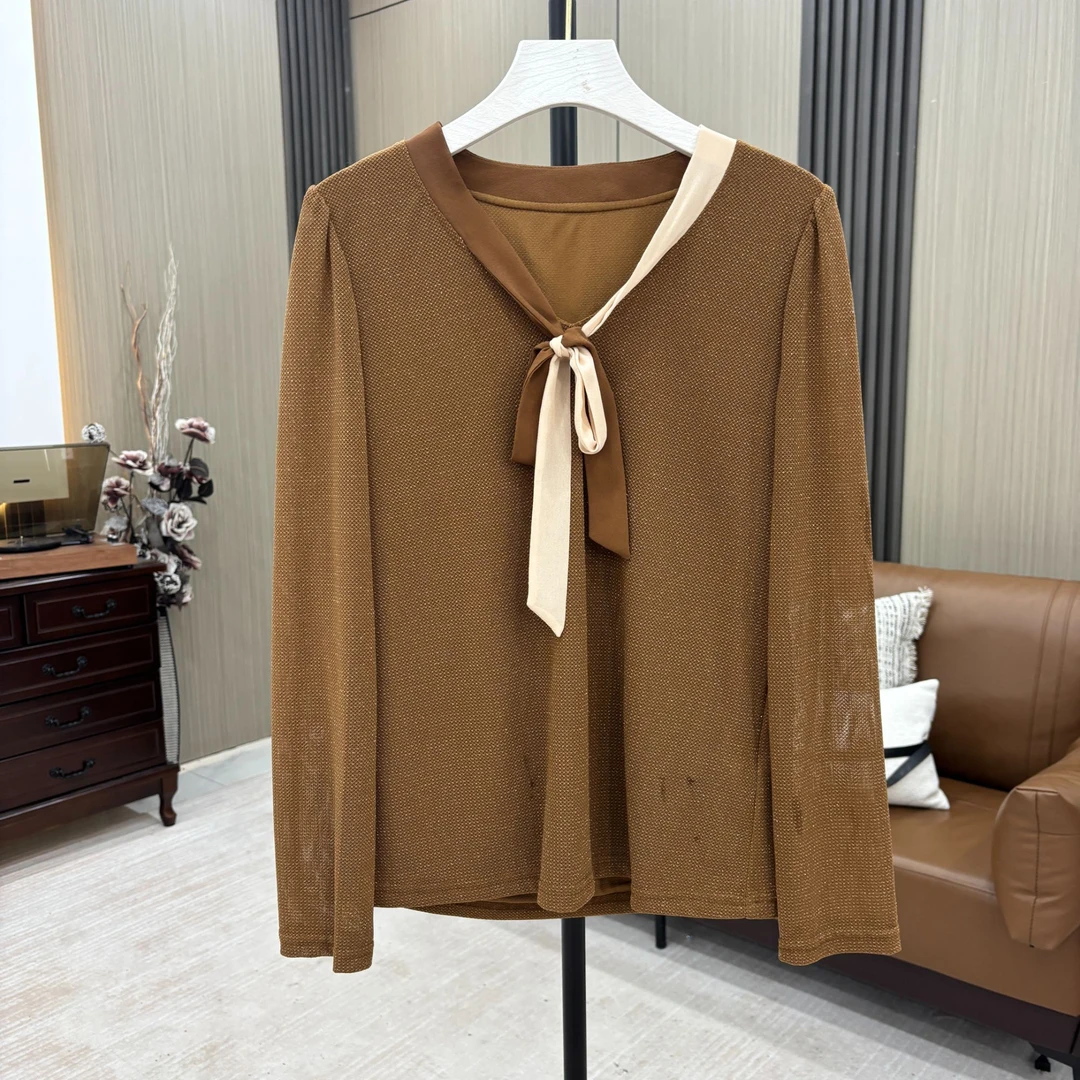 7608，时尚2025春秋新款气质小香风蝴蝶结领双城撞色拼接衬衫