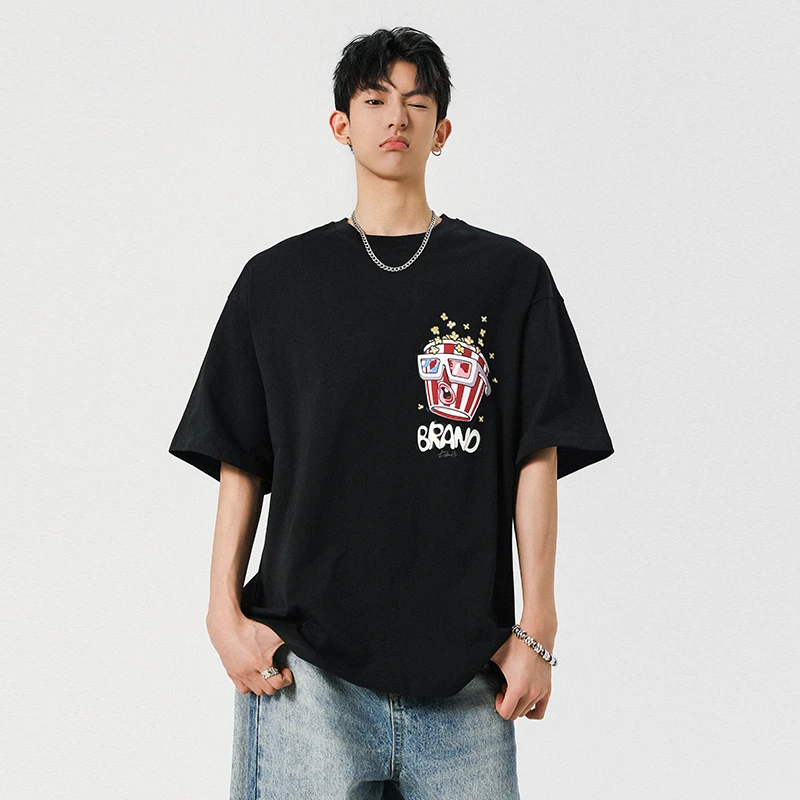 夏季新款宽松青少年潮流印花圆领男士美式休闲短袖T恤