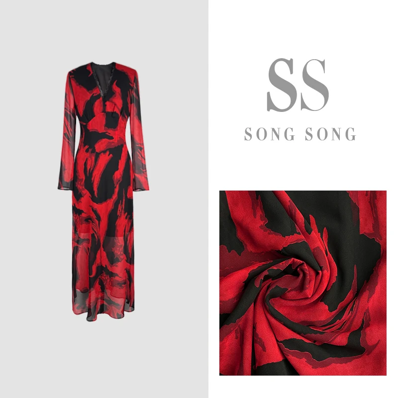 SONG-原创【热情似火】重工“炒色”蕾丝花边浪漫情怀显瘦长袖连衣裙