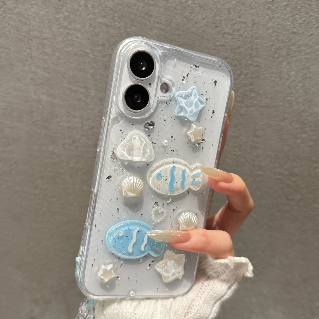 滴胶蓝色立体小鱼适用苹果16promax手机壳iPhone15小众14时尚13女