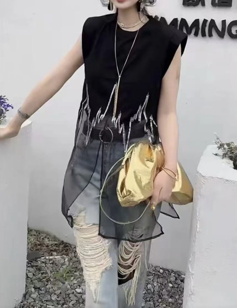 欧货下摆银边不规则开叉网纱上衣无袖设计百搭夏季
