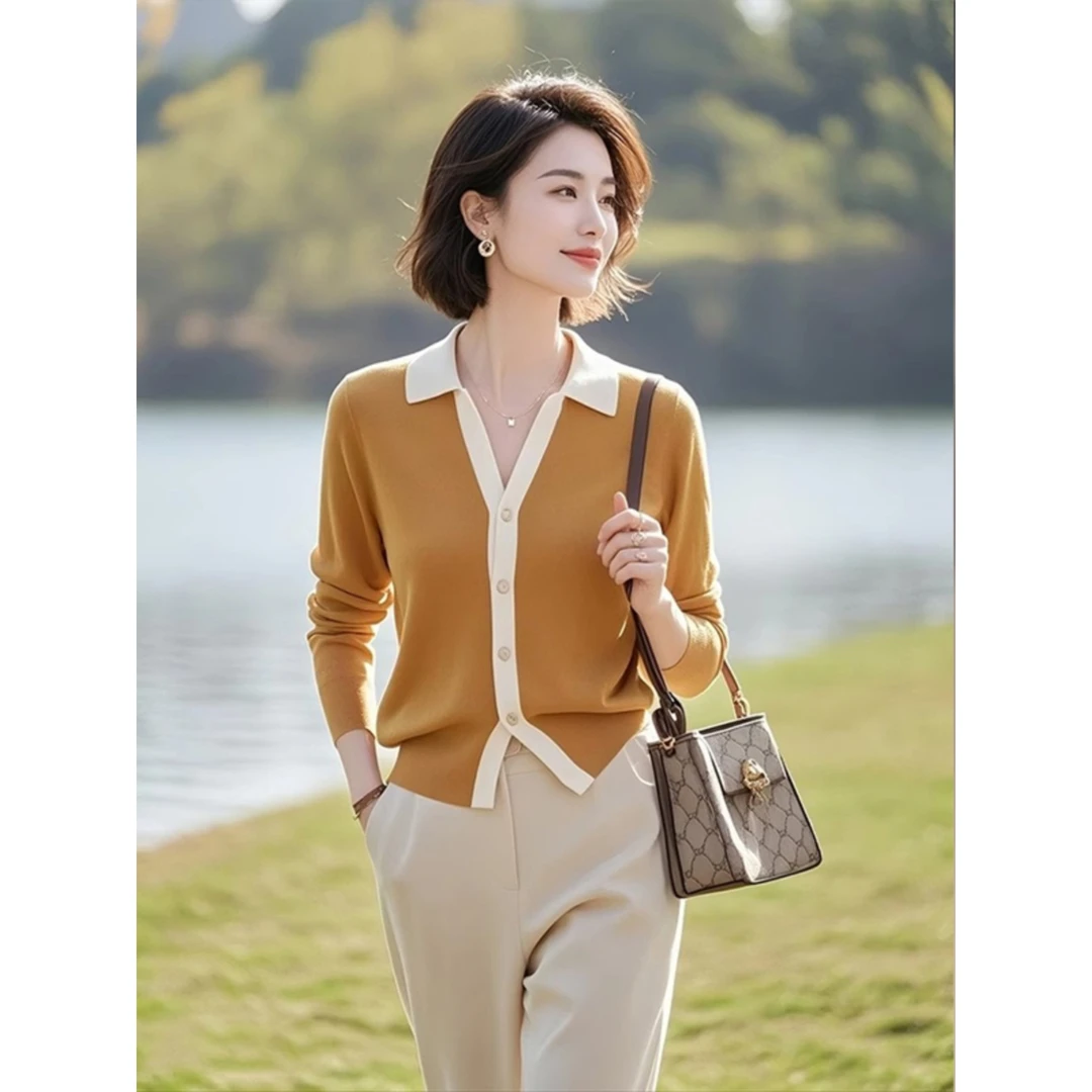 今年流行的polo领针织衫2025年女装春季新款气质韩版撞色翻领上衣