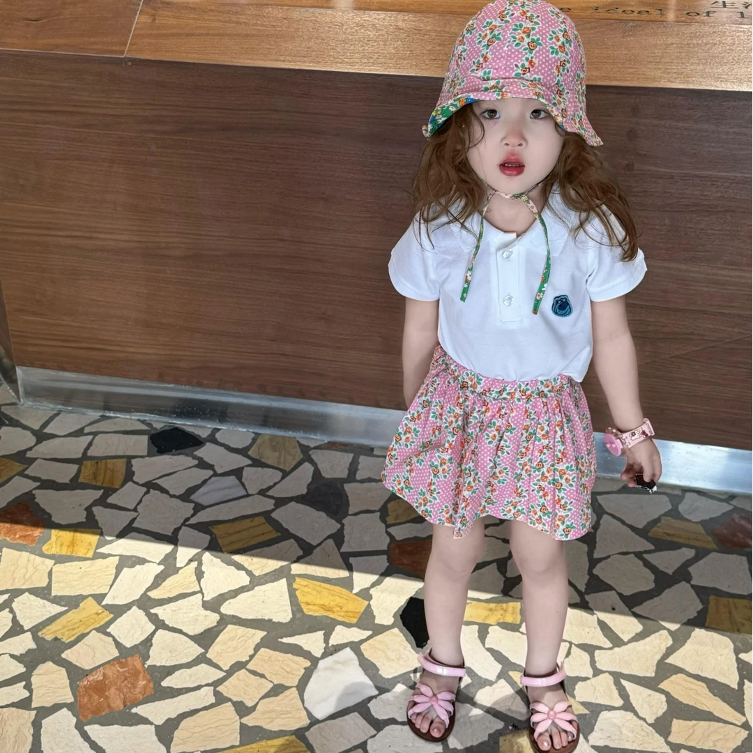 小惜亦夏季韩版童装女童甜美风套装白色polo短袖碎花粉色半裙套装