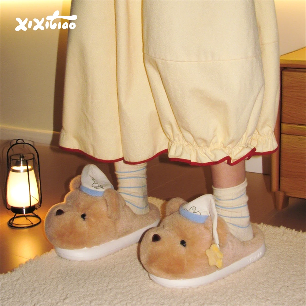 细细条 冬季可爱睡帽小熊棉拖鞋居家女防滑保暖包跟毛绒绒月子鞋