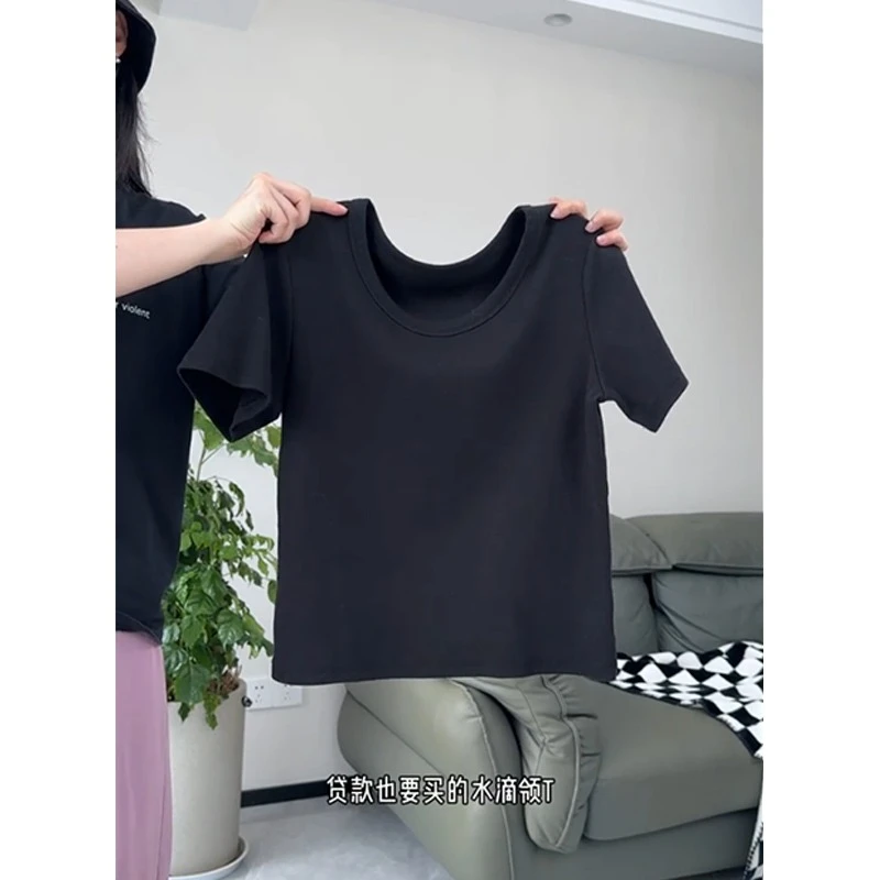 大码简约通勤水滴领正肩短袖t恤女螺纹棉夏季百搭遮肉ins气质上衣