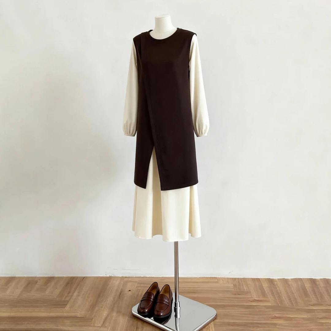 法式小个子穿搭设计感假两件长袖连衣裙女秋冬新款宽松休闲A字裙