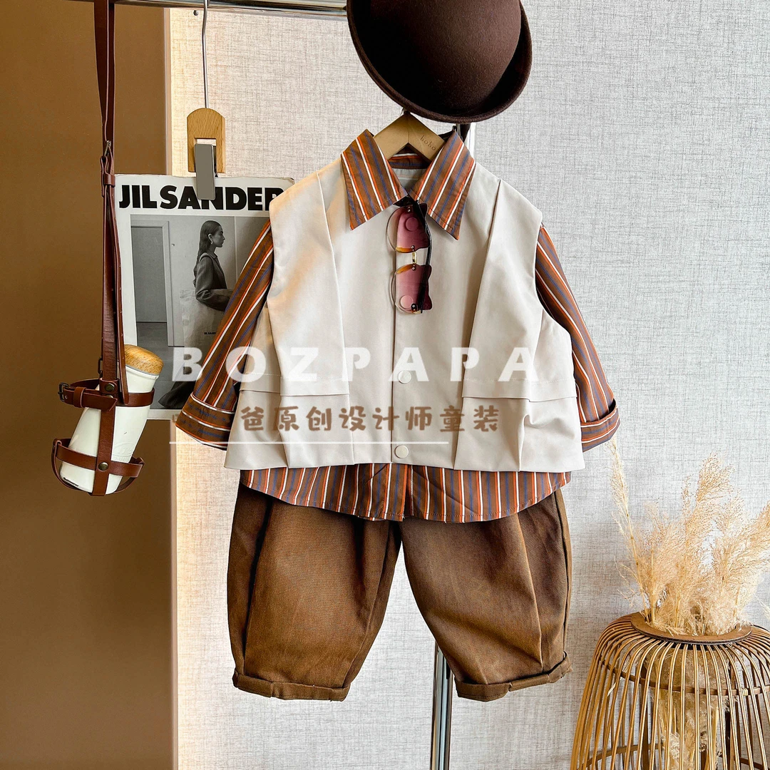 啵小爸【可颂白桃】2025春季男童韩系休闲设计感马甲三件套