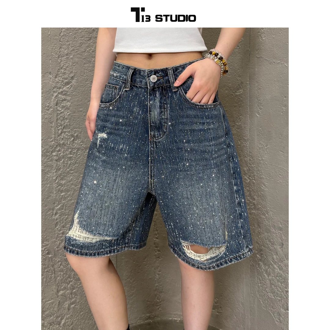 【1816】2025夏季烫钻新款深色设计款中高腰五分工装裤