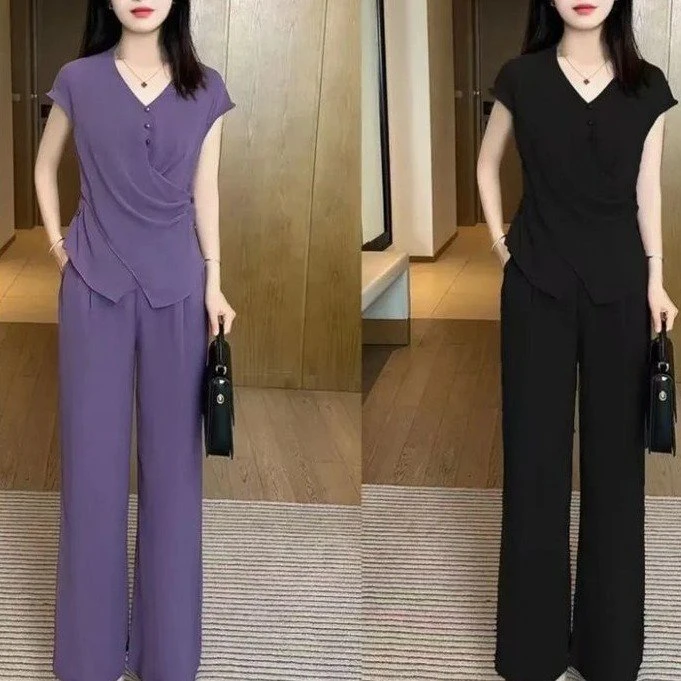 一件代发2025夏季新款设计感领短袖阔腿裤显瘦减龄时尚套装女