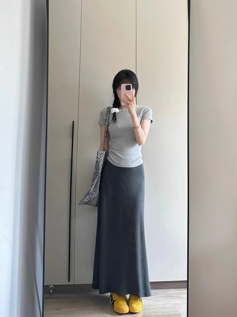 高腰显瘦A字裙休闲风通勤修身中长裙半身裙法式复古夏季小个子