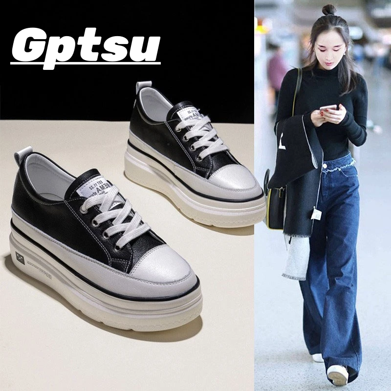 GPTSu真皮松糕鞋子2025年春季新款内小白鞋透气厚底百搭休闲女鞋