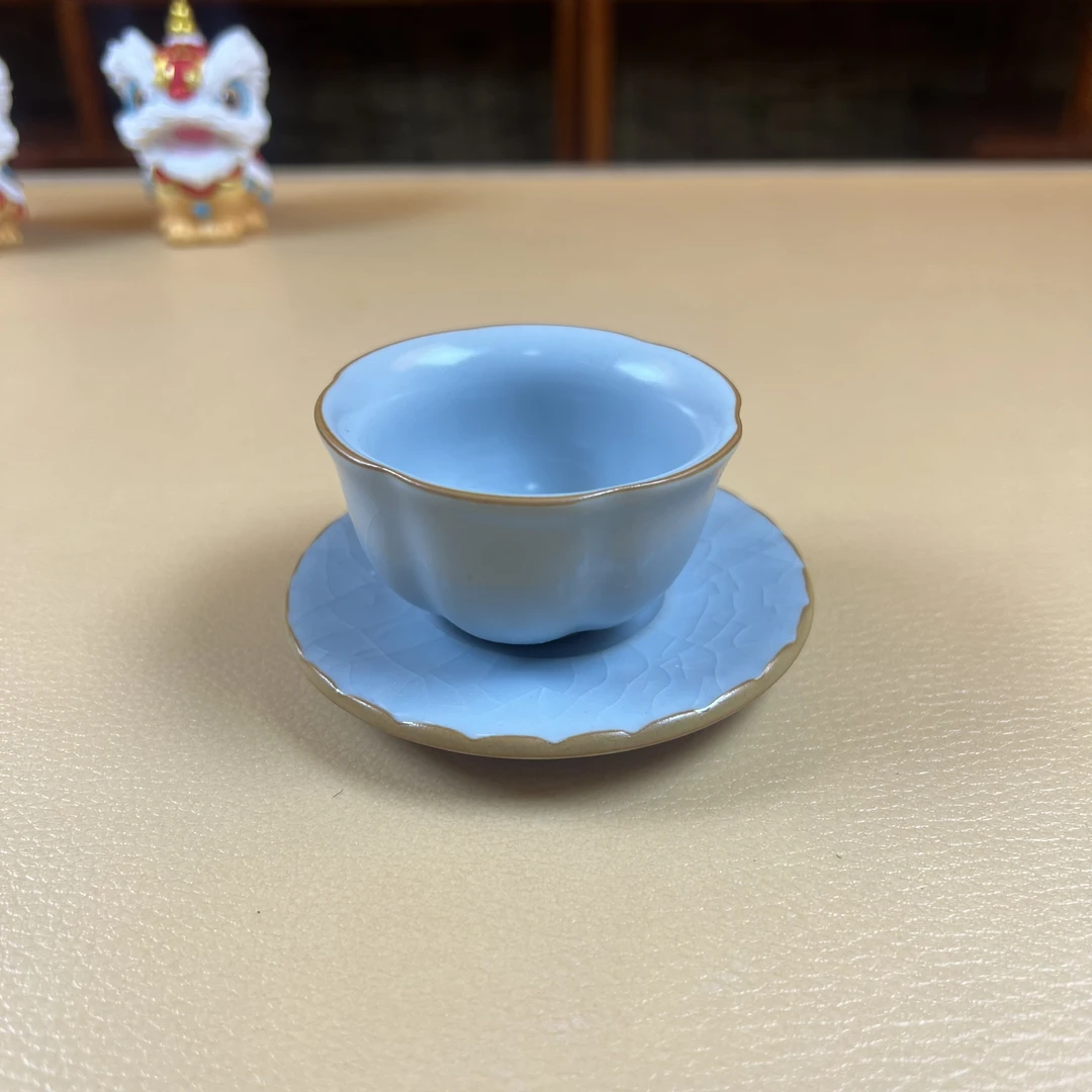 A0094天青汝窑花口主人杯+杯垫