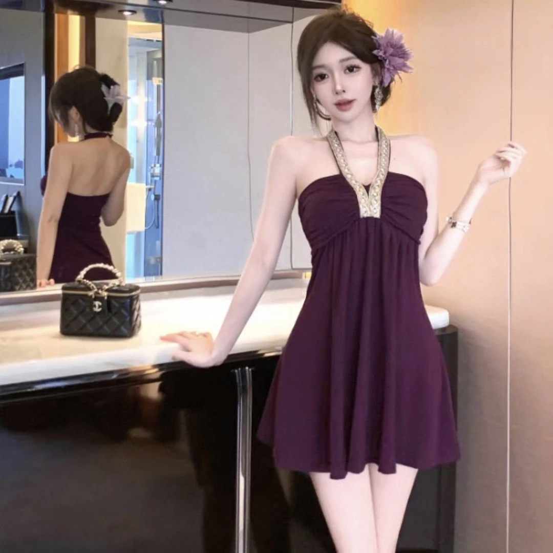 大尺码微胖mm紫色重工吊带洋装夏季法式名媛气质褶皱收腰显瘦