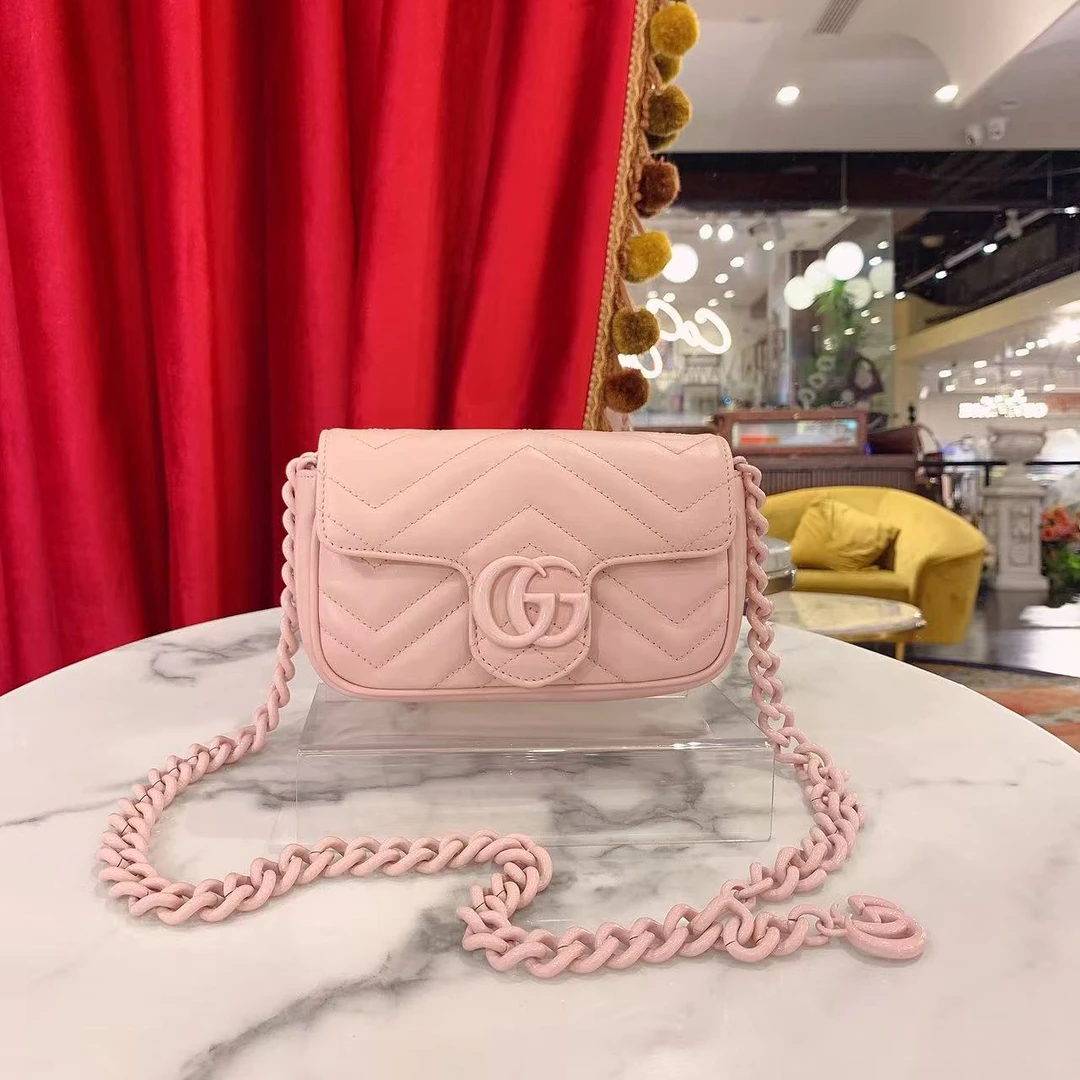 95新 GUCCI/古驰 马蒙supermini粉色银扣牛皮单肩包/83757458